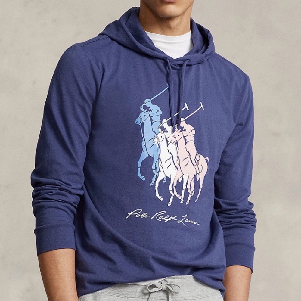Polo Ralph Lauren 3 Big Pony Jersey Hooded T Shirt‎ Hoodie XXL Navy Long Sleeve